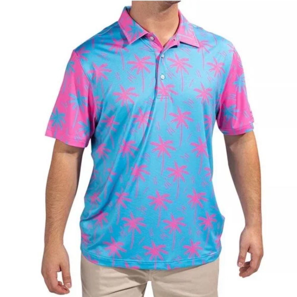 Chubbies Men’s Palm Tree Print Blue and Pink Performance Golf Polo